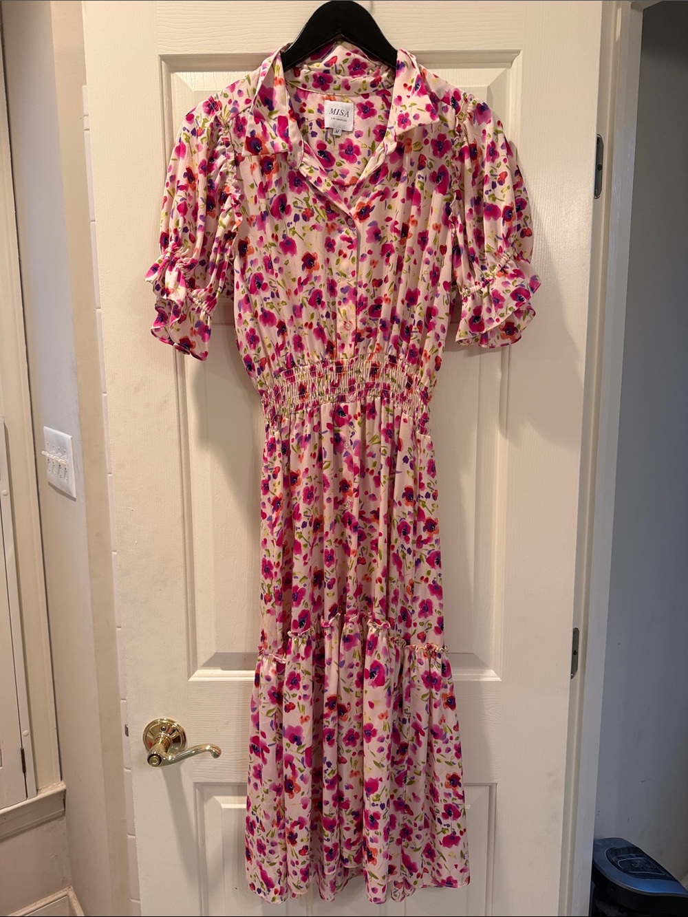 Misa Los Angeles Pink Floral Smocked Midi Dress